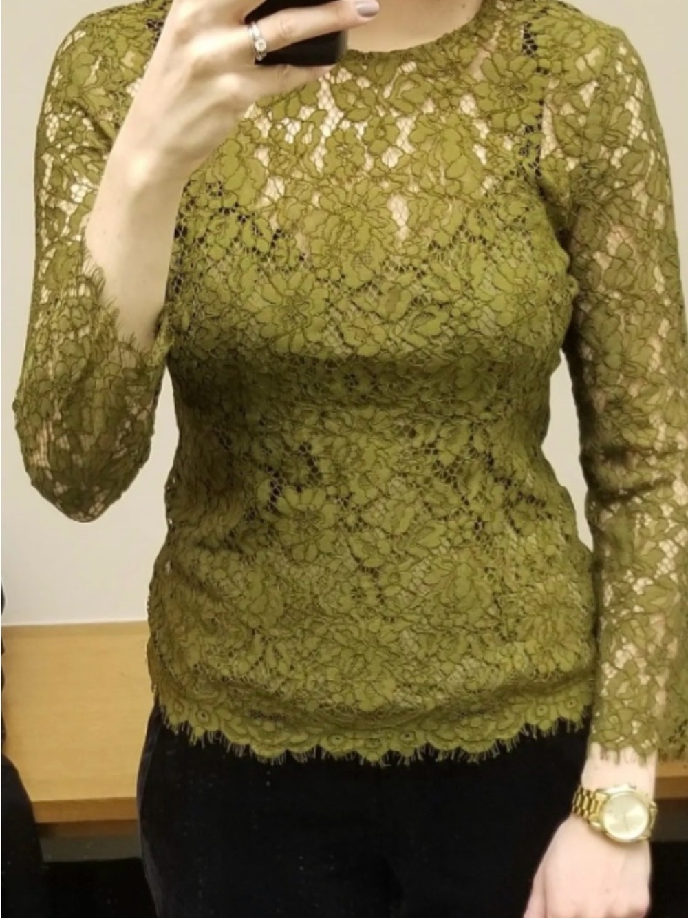 J. Crew Olive Lace Long-Sleeve Crochet Blouse